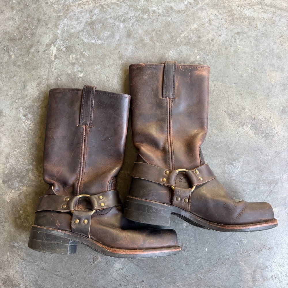 Vintage Frye Brown Leather USA Made Harness Style Boots Waxed Womens 7.5 W